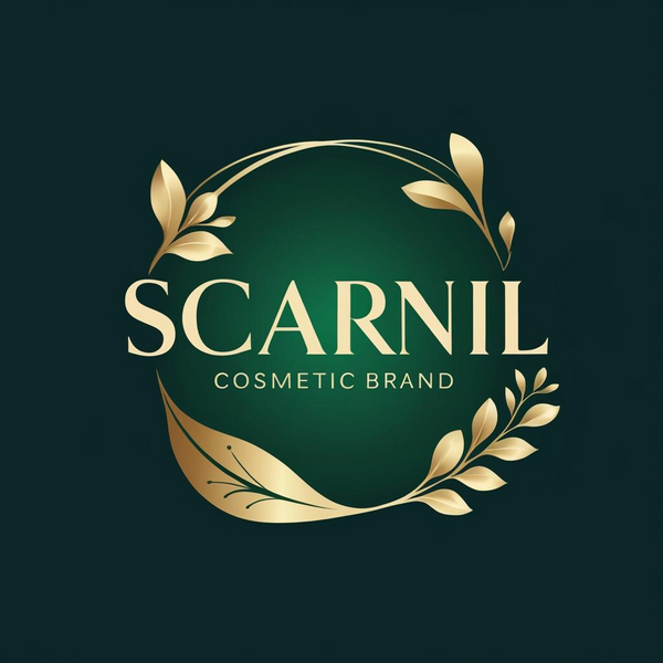 Scarnil cosmetic brand logo with gold leaves on a dark green background